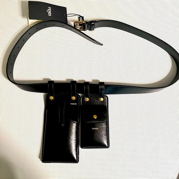 Fendi Black Leather Belt gold buckle Set with pockets